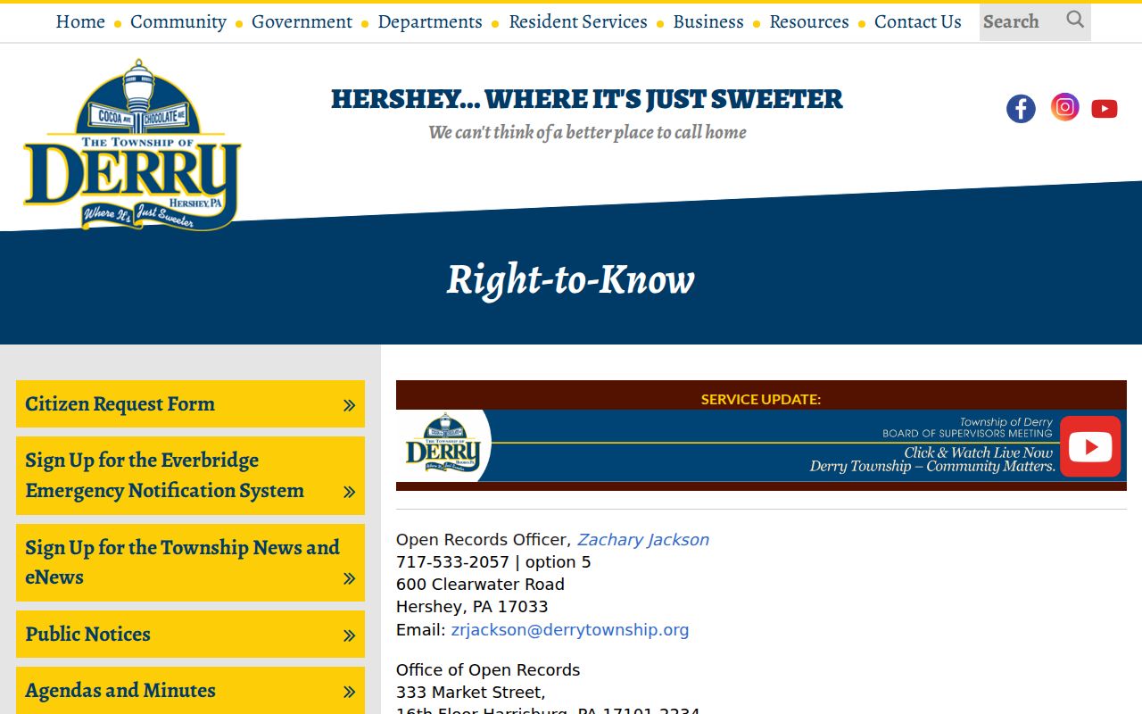 Derry Township criminal records Right-to-Know and Act 22 request page