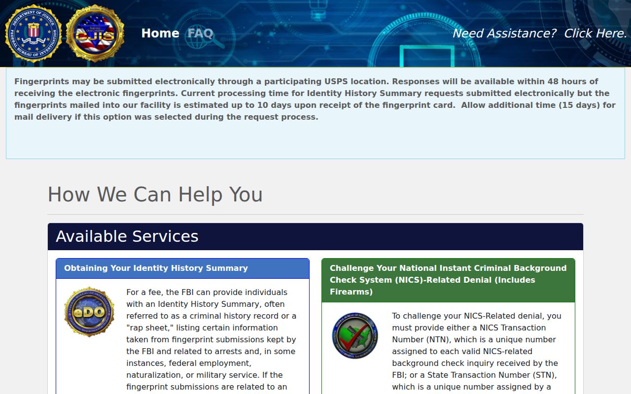 FBI electronic identity history ordering process